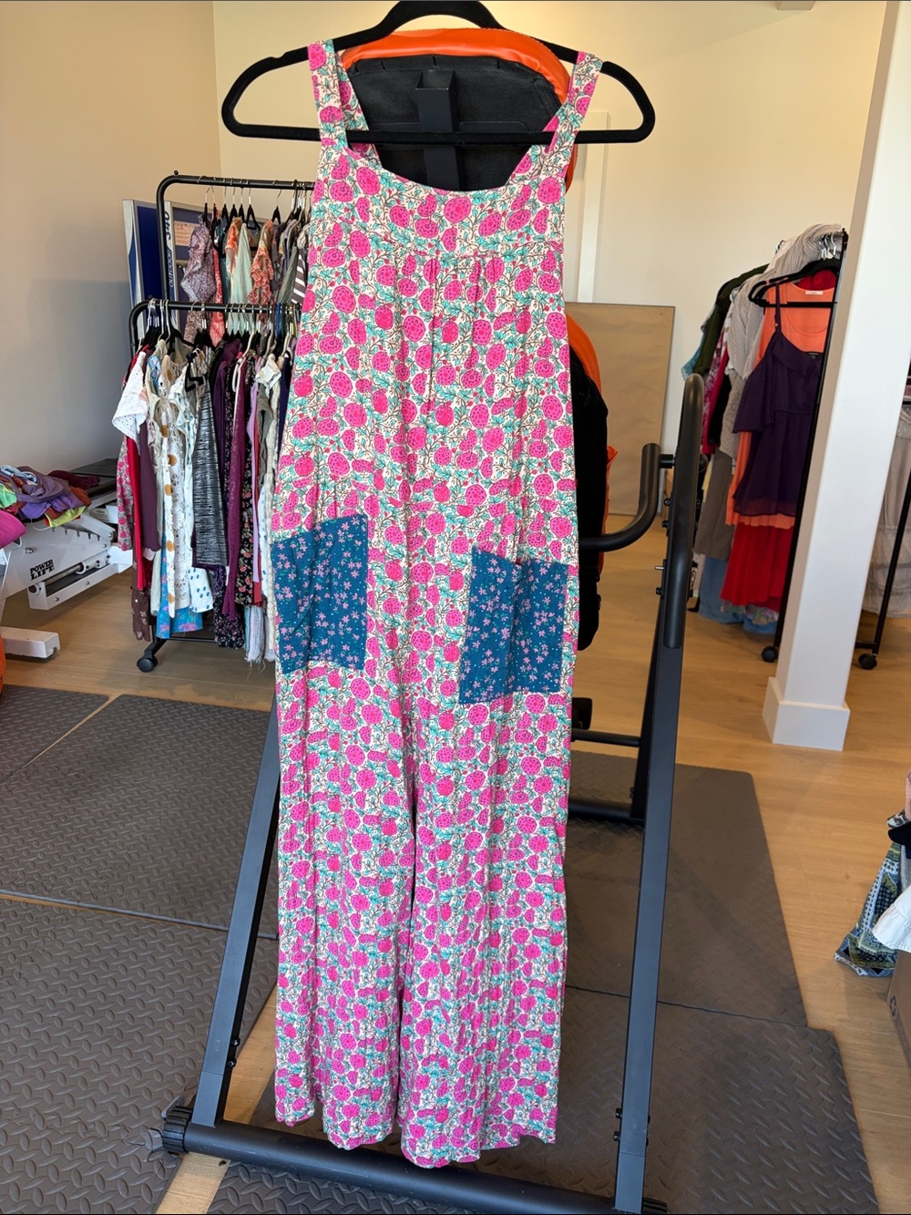 NATURAL LIFE Pink Floral Wide-Leg Jumpsuit with Blue Patch Pockets